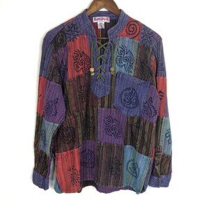 Nepal Patchwork Multicolor Chambray Long Sleeve Shirt Pocket Boho Oversized Sz M